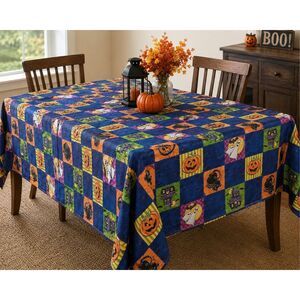 Halloween Multicolored Vinyl Top Trick or Treat Rectangle Tablecloth 60”x78”